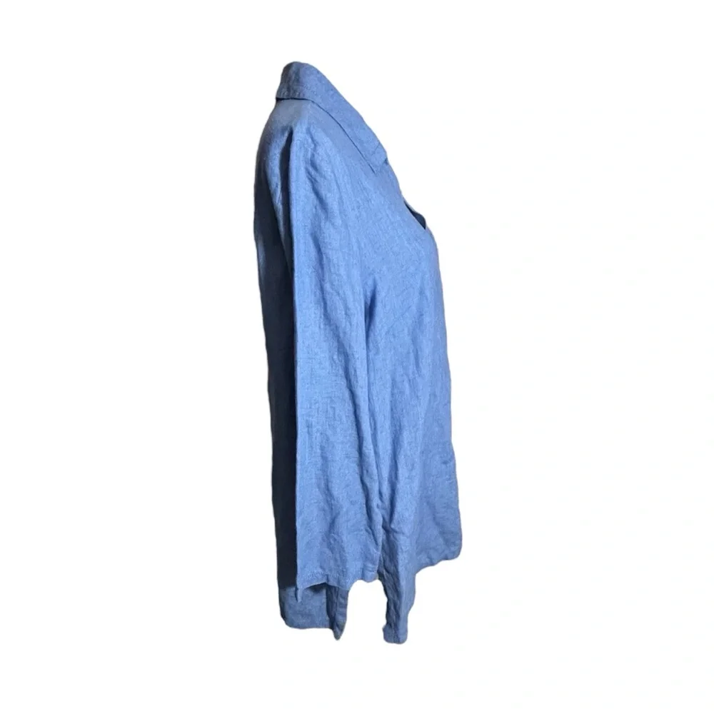 Kate Hill Chambray Blue Linen Long Sleeve V Neck Tunic with Side Slit Sz Large - Picture 2 of 6